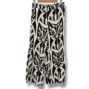Rachel Zoe Black White Botanical Print Wide Leg Linen Blend Pants Womens Medium